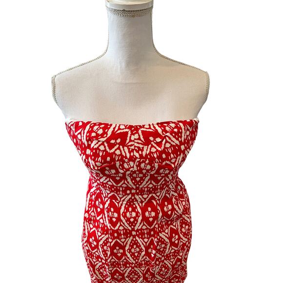 J Crew Strapless Cotton Summer Dress Red White Ikat Print 2 - Picture 2 of 7
